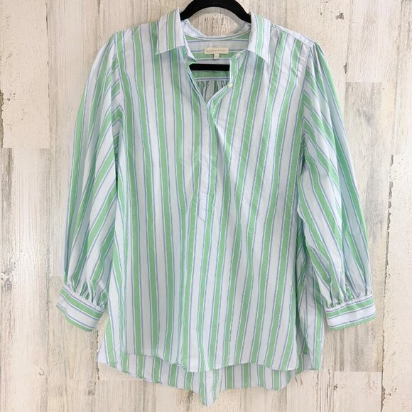 Ann Mashburn Sz XL Geraldine Popover Shirt Green Blue Stripe Poplin - Picture 1 of 16
